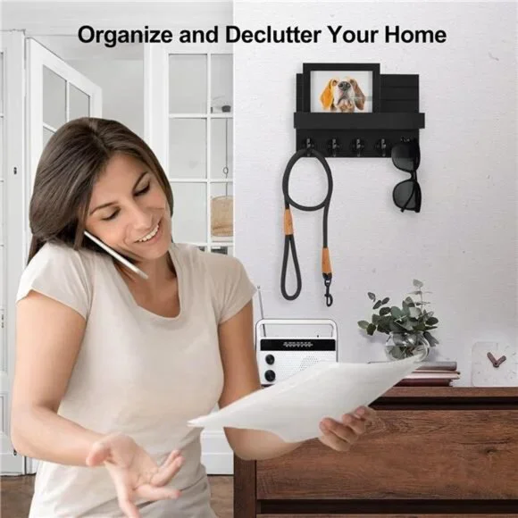 Key Holder for Wall, Decorative Key and Mail Holder with Shelf Has Large Hooks - Picture 7 of 16